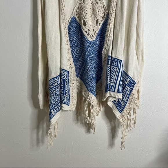 Kaisely Knit Cardigan Fringe Open Front Ivory Blue Pattern Long Sleeve Size S - Picture 6 of 9